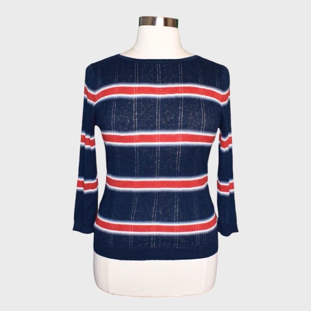 Chaps‎ Petites Linen Cotton Ribbed Knit Mixed Stripe Boat Neck Top